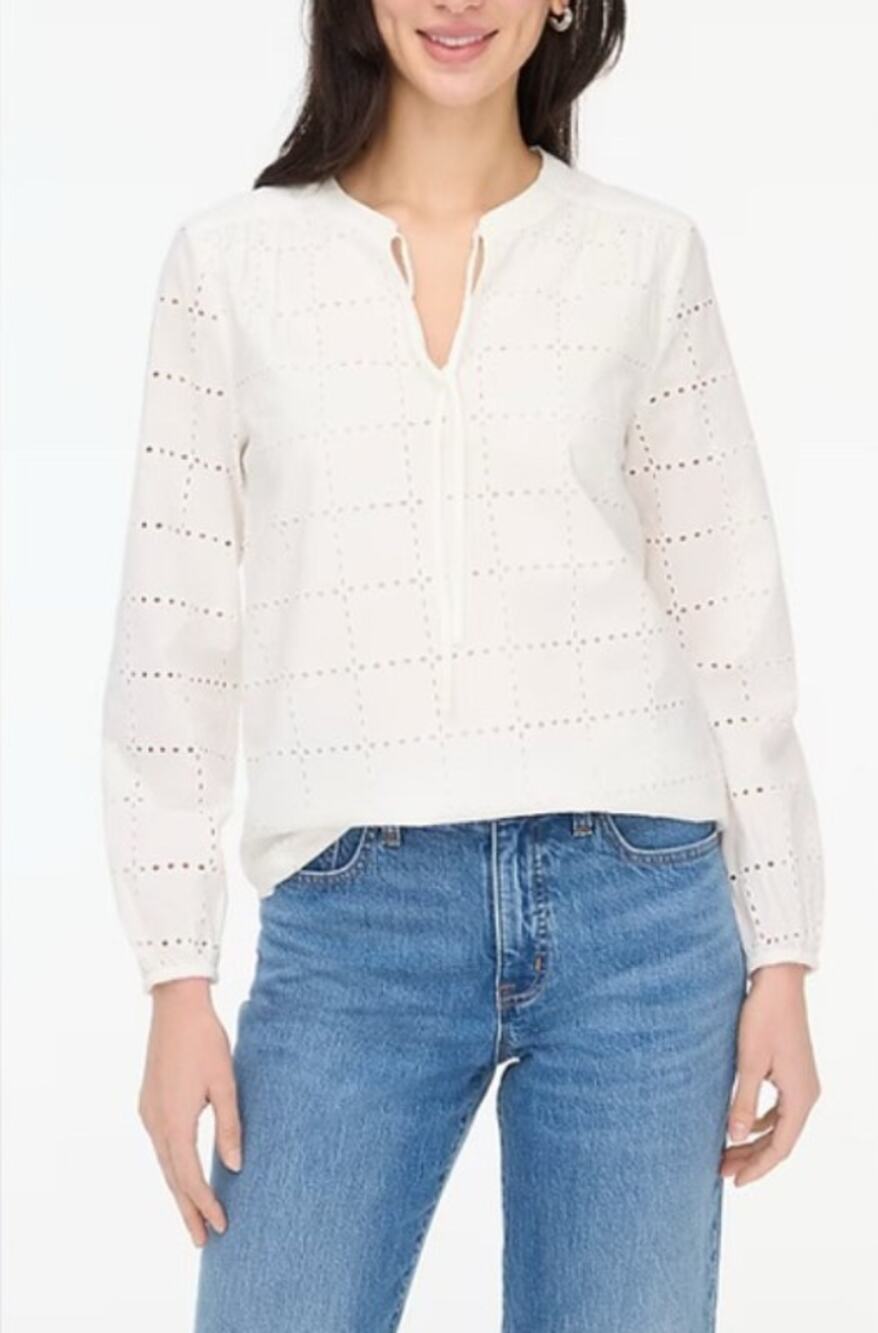 J.Crew Long-Sleeve Eyelet Tie-Neck Top Womens XS White Cotton Lightweight Lined
